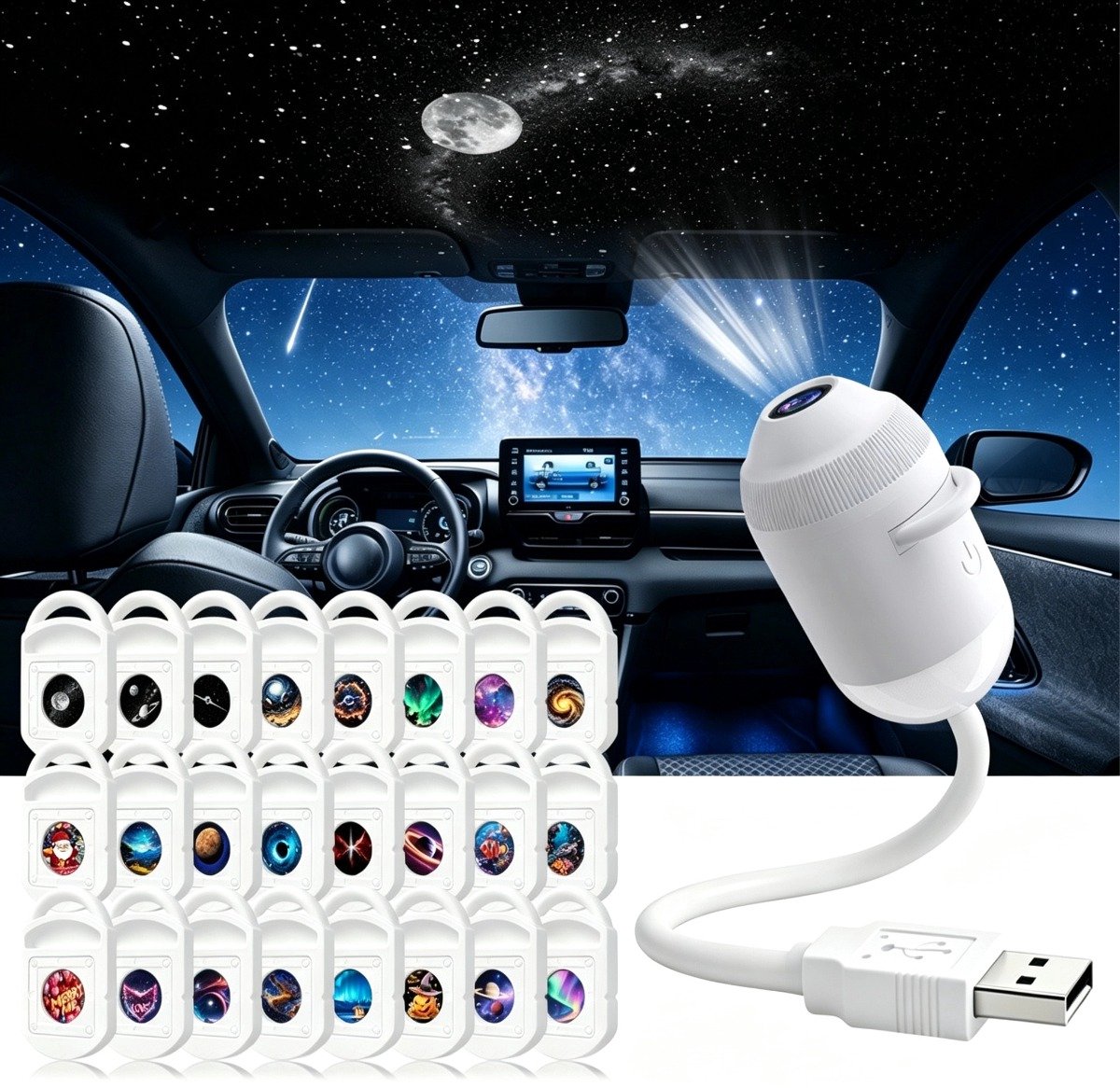 2-in-1-projektor – Sternenprojektor Und Nachtlicht – Mit 24 Austauschbaren Folien – Hd – Flexibler Schwanenhals (360°-drehung) – Sofort Einsatzbereit – Usb-stromversorgung – Tragbar
