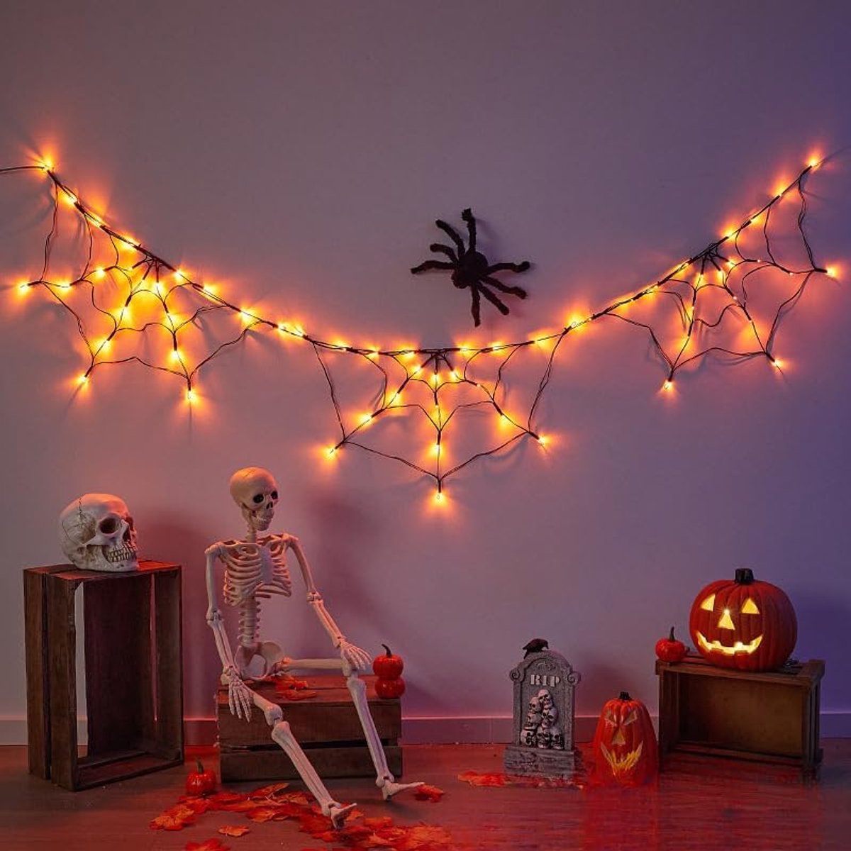Ulisem – Spinnennetz-lichterkette Für Halloween – 1,8 Meter Spinnennetz Mit 60 Leds – 8 Beleuchtungsmodi Inklusive Timer – 6 Stunden An, 18 Stunden Aus
