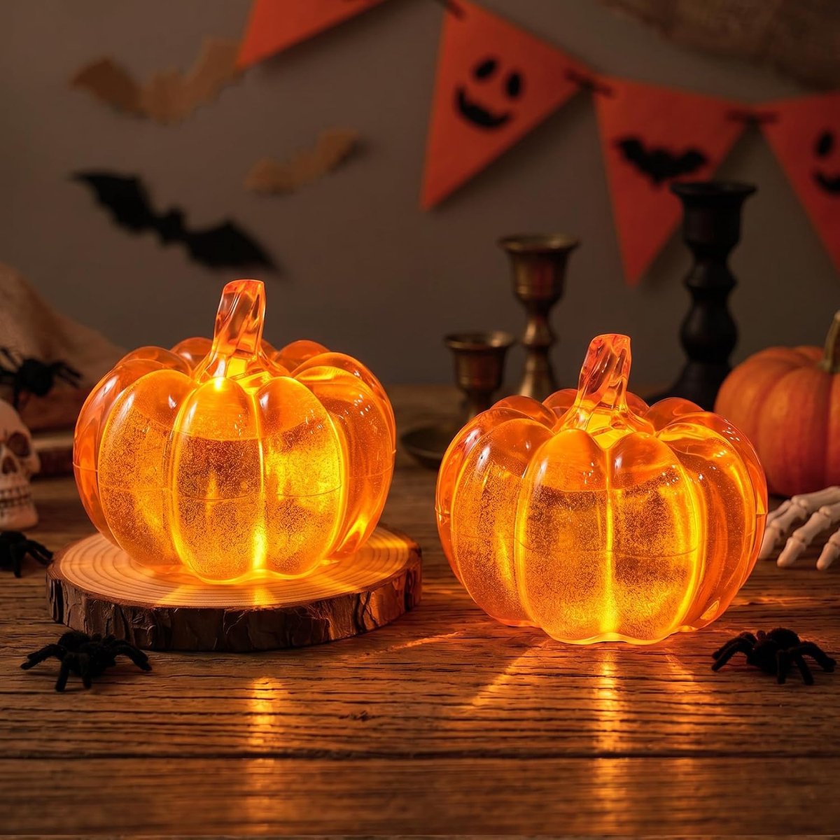 Ulisem - Halloween-kürbislampe - Orangefarbene Kürbisdekoration Aus Kunstharz (2 Stück) - Batteriebetriebene Led-kerze - Warmes Orangefarbenes Licht - Kabellos - Geeignet Für Schlaf- Und Wohnzimmer