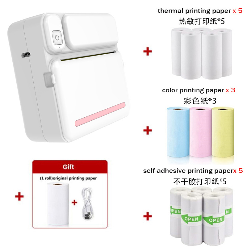 Bluetooth-thermodrucker, Mini-etikettendrucker Ohne Tinte, Inklusive 14 Rollen Druckpapier, Rosa.