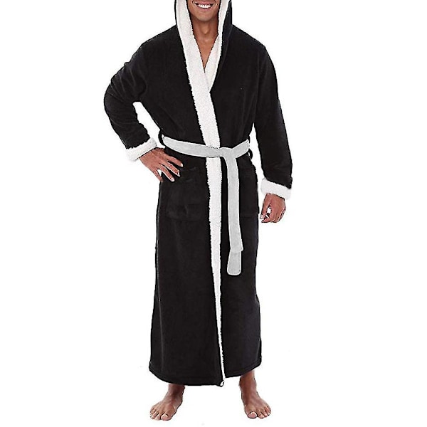 Langer Kapuzenbademantel Für Herren, Weicher Nachthemd-morgenmantel, Schwarz, Größe M