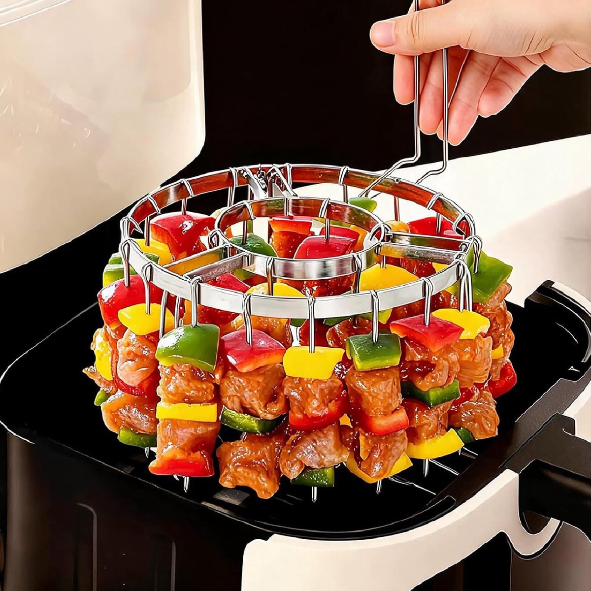 Runder Airfryer-rost Mit 24 Edelstahlspießen – Vertikal Und Klappbar – Inklusive Entnahmezange – Für Airfryer Ab 4,5 L – Ø 16,3 X 10 Cm