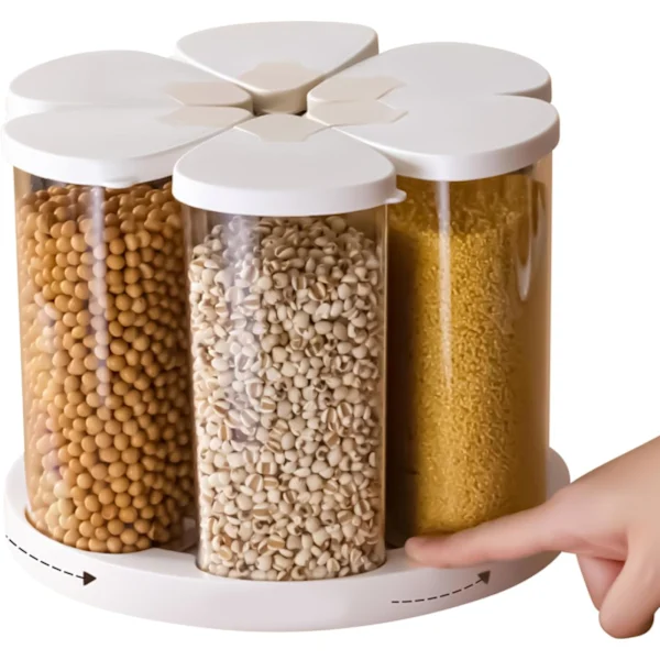 Drehbarer Vorratsbehälter Für Trockenwaren, 6-fächer-design, Praktischer Zugriff Auf Reis, Zucker, Mehl, Bohnen Und Snacks, Weiß.