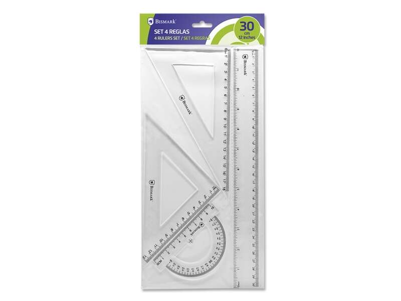 Bismark Pack De Lineale Für Die Schule - Enthält Lineal De 30cm - Quadrat De 12,5cm - Quadrat De 17.5cm -- Winkelmesser -- 10cm - Präsentation In Transparenter Tasche -- Klare Farbe