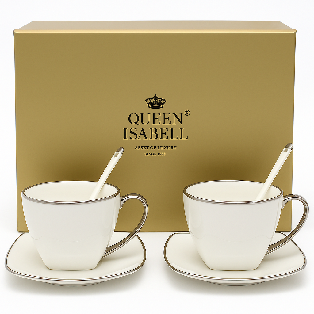 Set Aus 2 Weißen Porzellantassen Mit Silbernen Elementen Als Geschenk