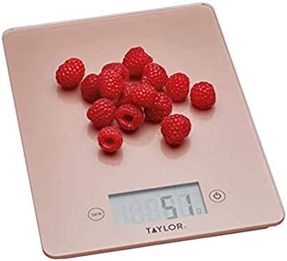 Taylor Pro Digitalwaage De Küche De Ultra Schlankes Design, Funktion De Gewicht Mit Tara, Professional Level Mithoher Genauigkeit, Kompakt, Gold Rosa Und Glas, 5 Kg De Kapazität.