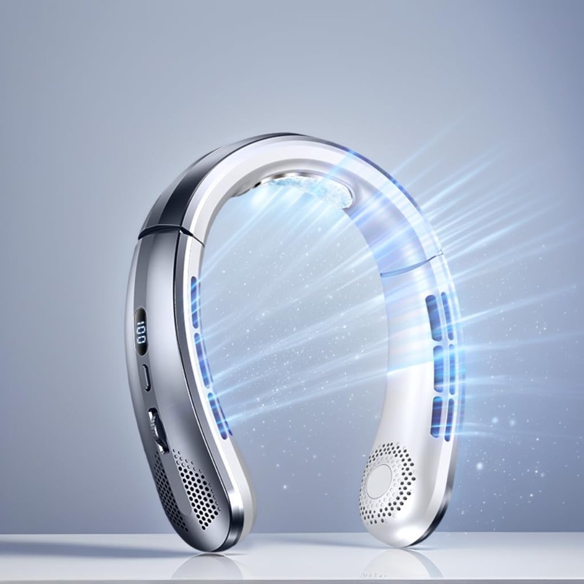 Ulisem – Nackenventilator – 100 Geschwindigkeitsstufen – 365 G – Tragbar – Rotorblattlos – Usb-c-ladeanschluss – Leise (25 Db) – Digitalanzeige – 24 Stunden Akkulaufzeit – Grau
