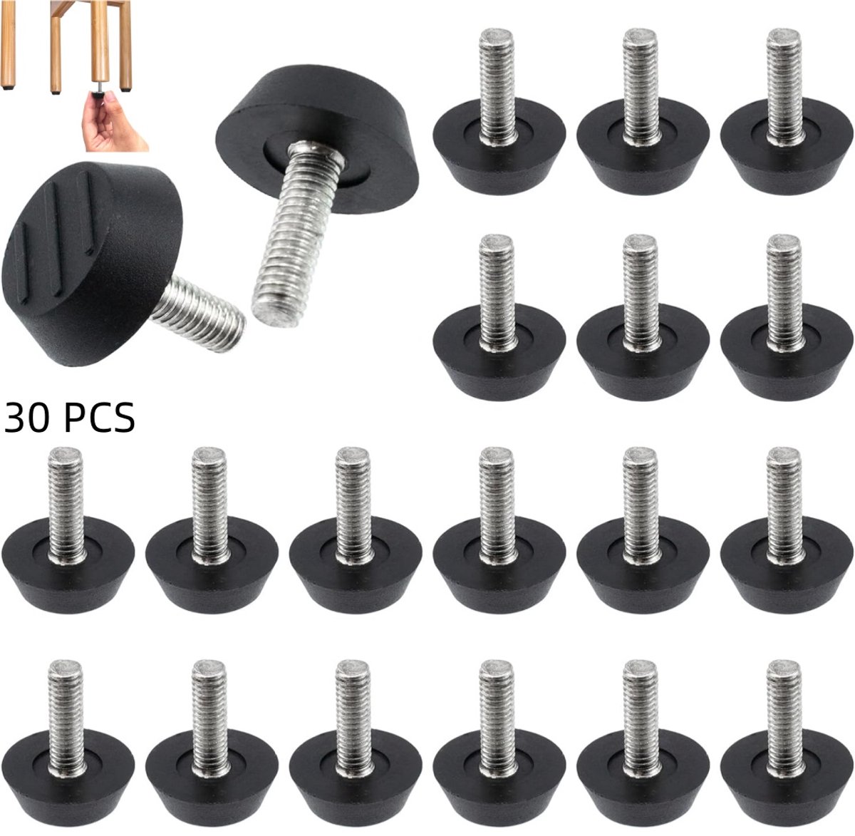 Set Mit 30 M6-schraubfüßen Zum Verstellen Der Sitzhöhe Für Möbel – Verstellbare Füße – Geeignet Für Gartenstühle, Tische, Schränke Und Barhocker – M6 × 23 × 27 Mm – Schwarz
