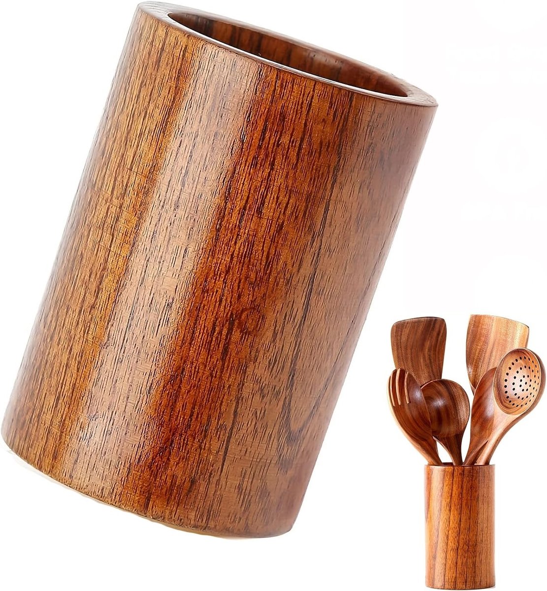 Küchenutensilienhalter Aus Holz - Runder Besteckhalter Aus Holz - Organizer Für Küchenutensilien, Essstäbchenhalter, Aufbewahrung Für Pfannenwender, Besteck, Löffel (15 X 8,7 Cm)