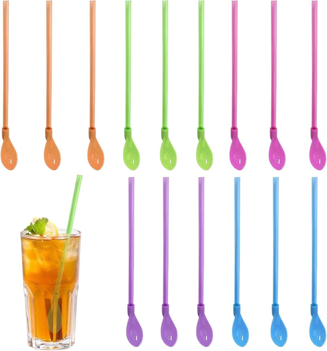 Set Mit 12 Wiederverwendbaren Smoothie-strohhalmen Und -löffeln – Geeignet Für Milchshakes, Cocktails Und Slush-eis