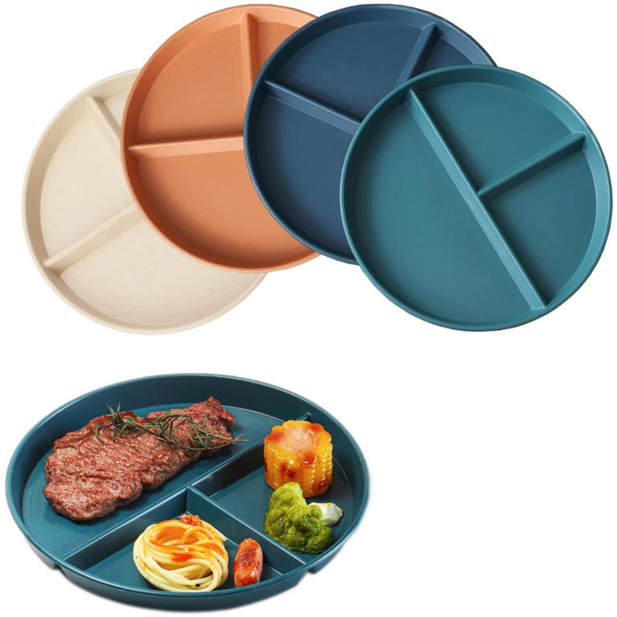 4er-set Unterteilte Teller – Portionsteller Für Erwachsene – 22 Cm – Portionskontrolle – Kinderteller – Unterteilte Speiseteller – Unzerbrechliche Teller
