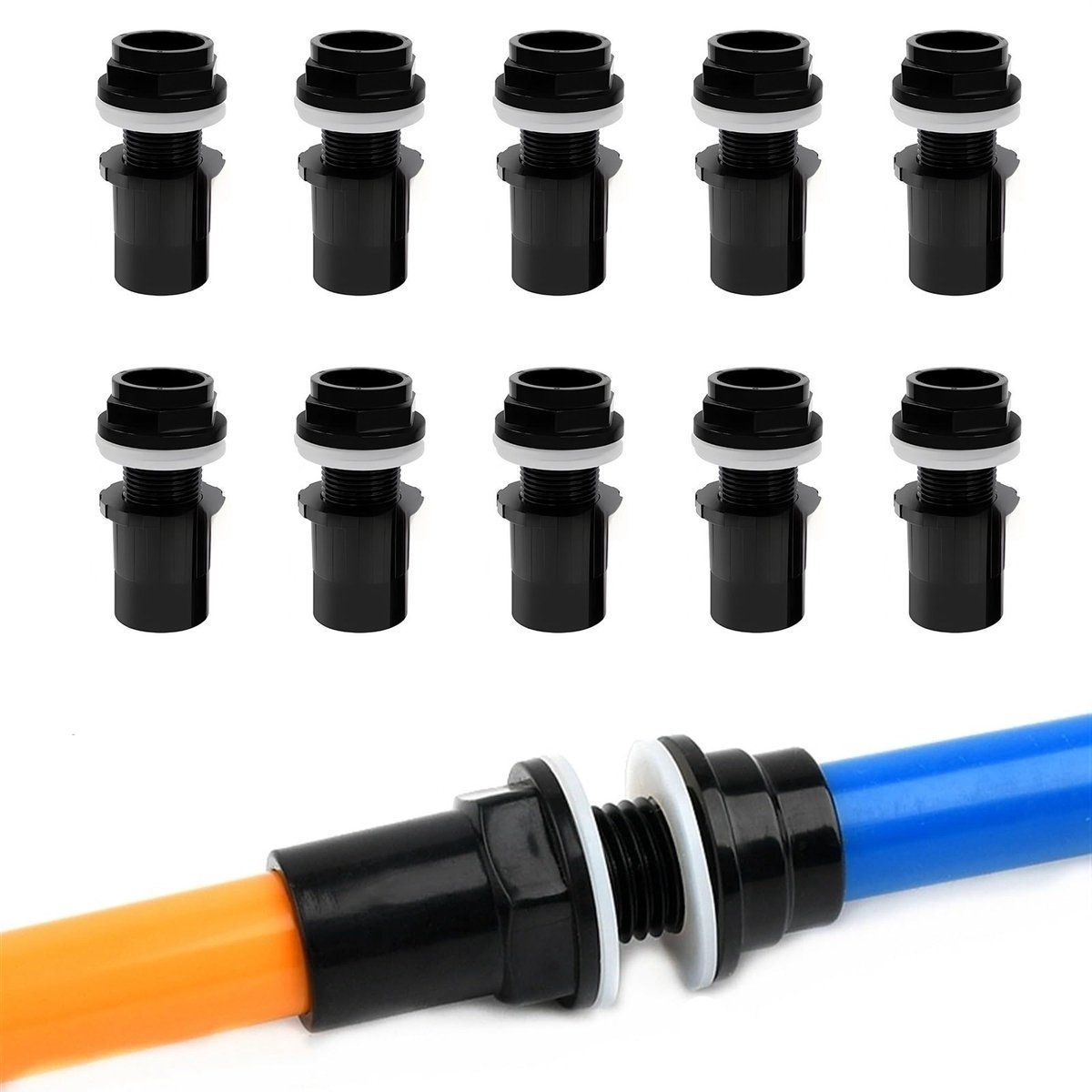 10 Pvc-tankverschraubungen – Ø 20 Mm – Gewinde – Für Teichfiltersysteme – Inklusive Dichtung Und Mutter