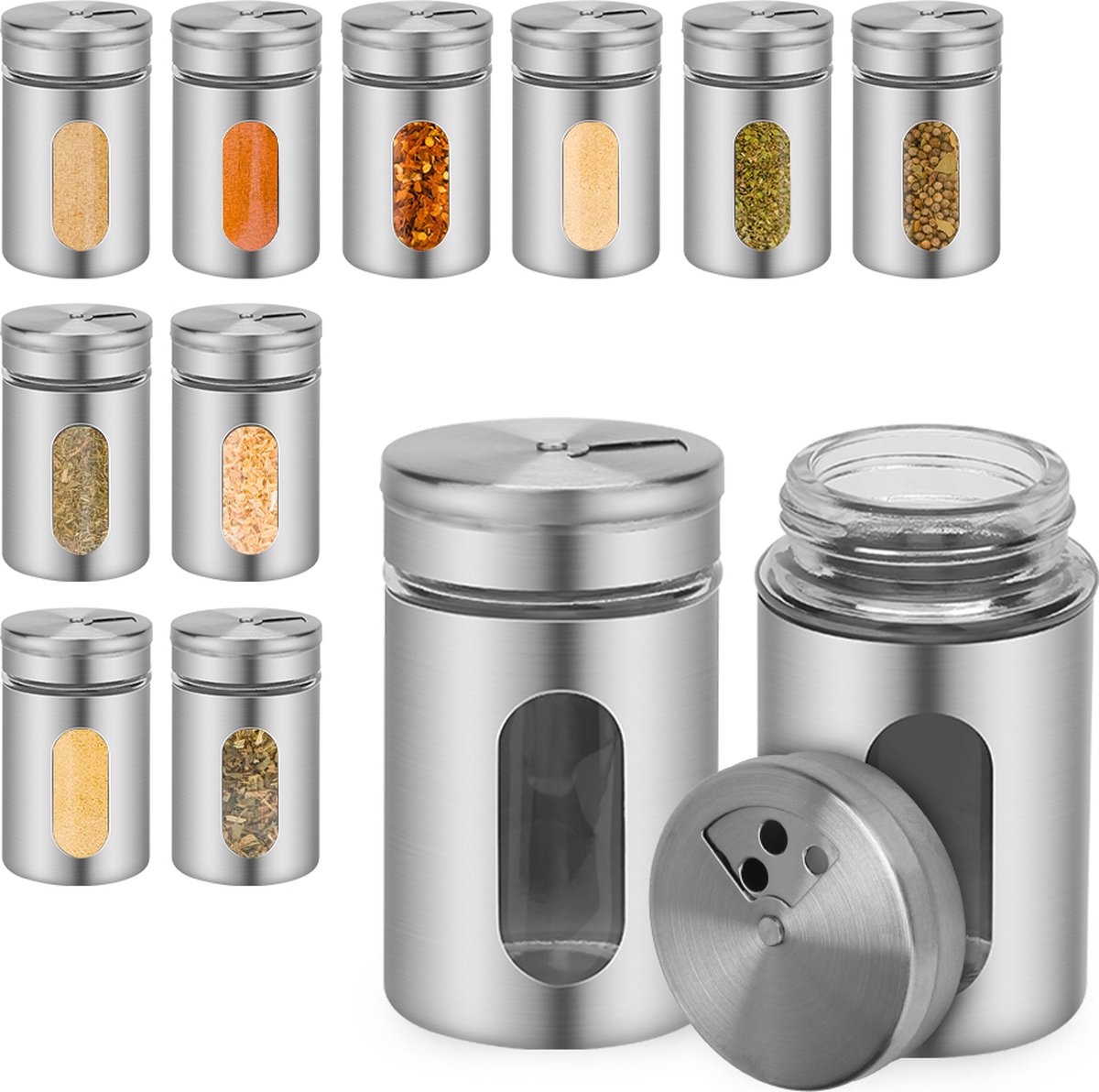 Set Mit 12 Runden Gewürzgläsern Aus Glas Mit Edelstahldeckeln Und Verstellbarem Streudeckel