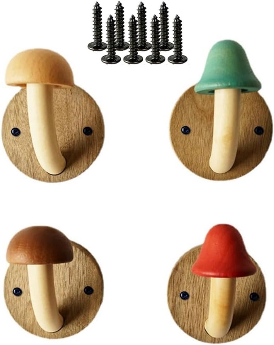 Pilzförmige Holzhaken, 4 Haken Mit Schrauben, Handtuchwandaufhänger, Farbiges Massivholz.
