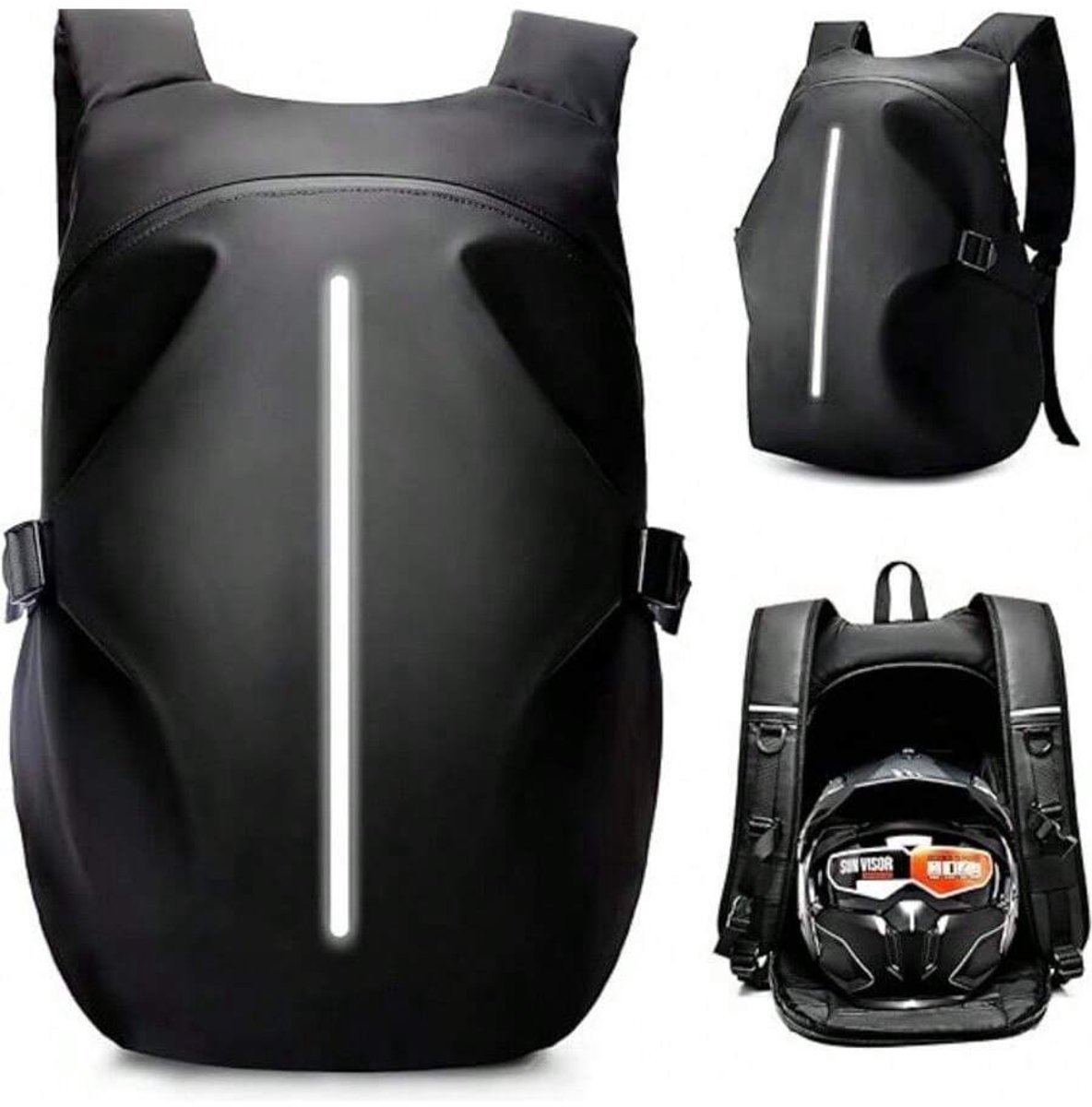 Motorradhelm-rucksack – Wasserdichter Motorradhelm-rucksack – Reflektierende Streifen – Großes Fassungsvermögen Von 40 Litern – Schwarz