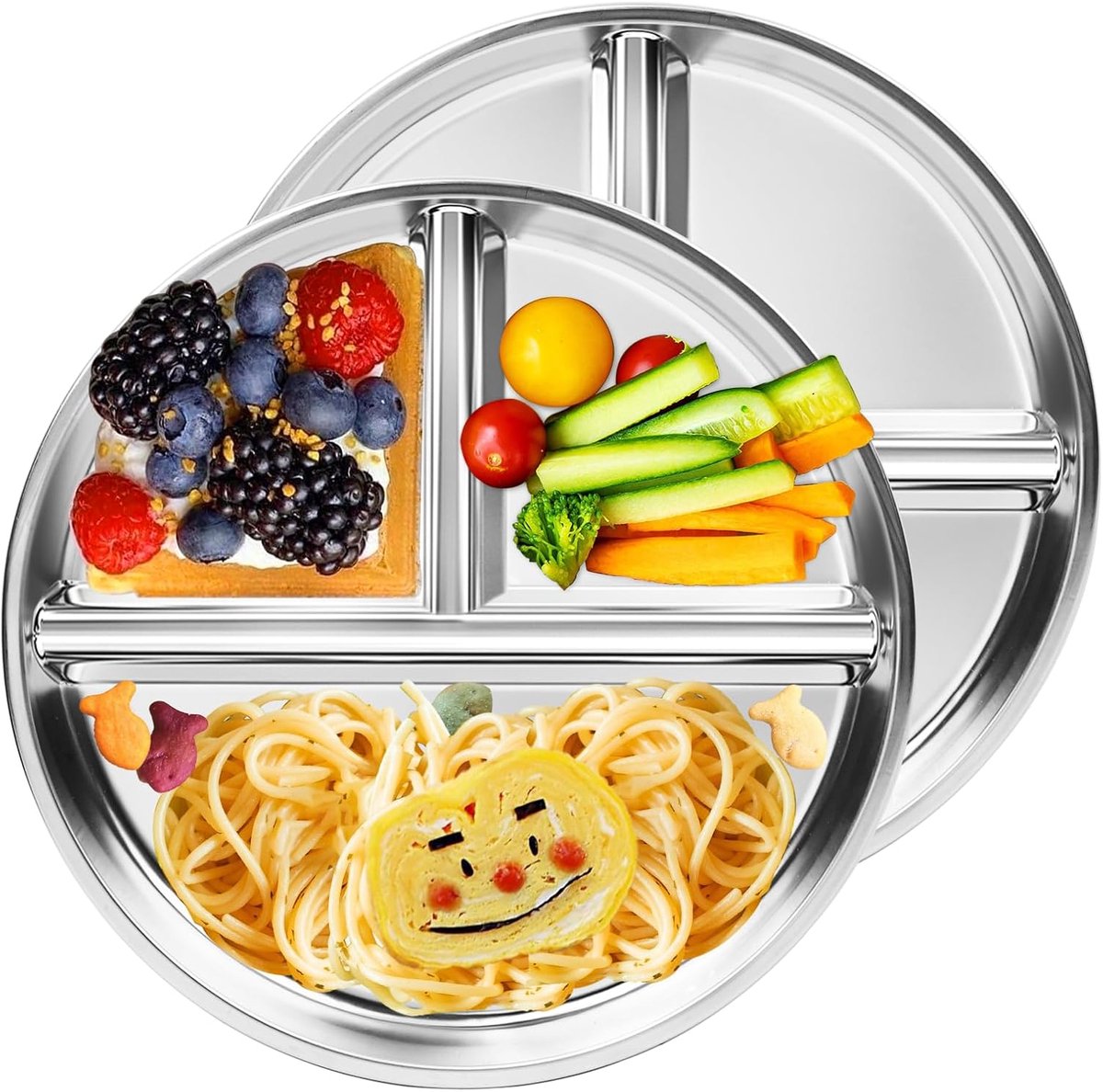 Set Mit 2 Edelstahl-kindertellern – Unterteilter Teller Für Erwachsene – Flacher Teller – Geschirr – Unzerbrechliche, Flache Teller – Gesunde Wahl – Für Erwachsene, Kinder Und Camping