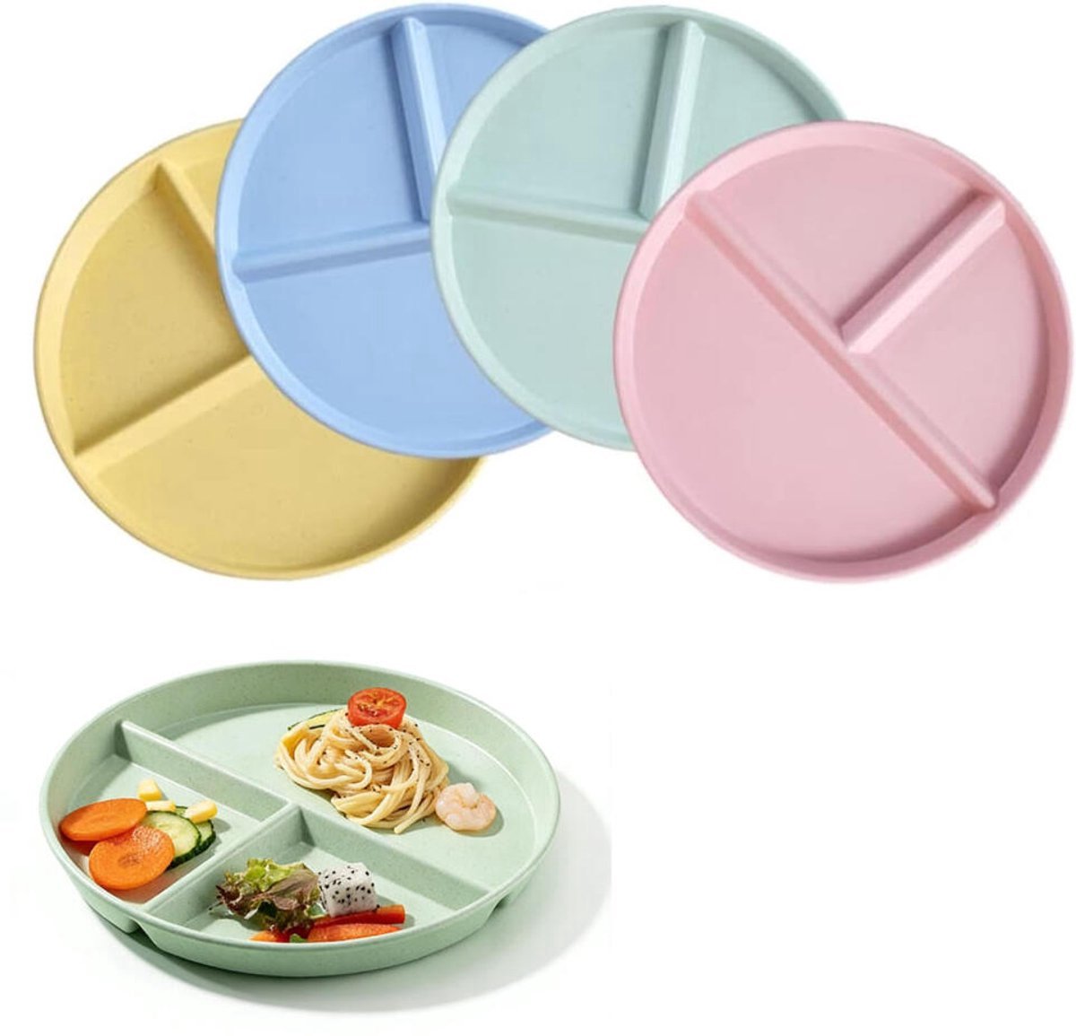 4-teiliges Geschirrset – Speiseteller – Unterteilte Teller – 22 Cm – Kinderteller – Servierplatten – Unzerbrechliche Teller – Dreifach Unterteilte Teller