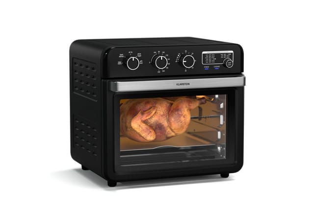 Klarstein - AirGlaze Heißluftfritteuse – 34 l, 2000 w, 9 Programme, Drehknopfsteuerung, Rotisserie, Panoramascheibe, Zubehörset: Grillrost, Bratkorb,