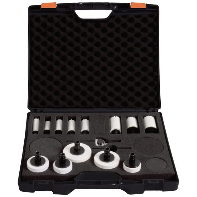 BiMetall Lochsägen-Koffer Universal Flexibel, 14 tlg. 13 an der Lochsäge vormontierte Verbindungsstücke, inkl. 1 x Schnellwechsel-Adapter - Projahn