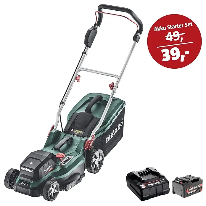 Metabo CAS 18V Maschinen-Set (Akku-Rasenmäher RM 36-18 LTX BL 36 + 39€ Akku-Basis-Set)