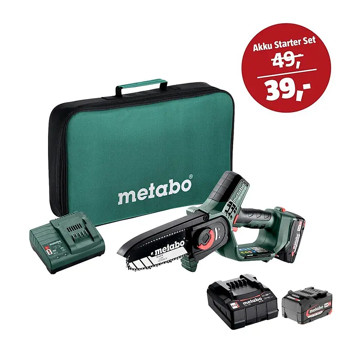 Metabo CAS 18V Maschinen-Set (Einhand-Akku-Kettensäge MS 18 LTX 15 mit Werkzeugtasche + 39€ Akku-Basis-Set)