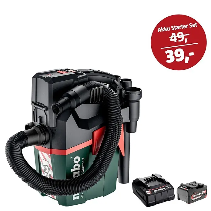 Metabo CAS 18V Maschinen-Set (Akku-Nass-Trockensauger AS 18 HEPA PC Compact + 39€ Akku-Basis-Set)