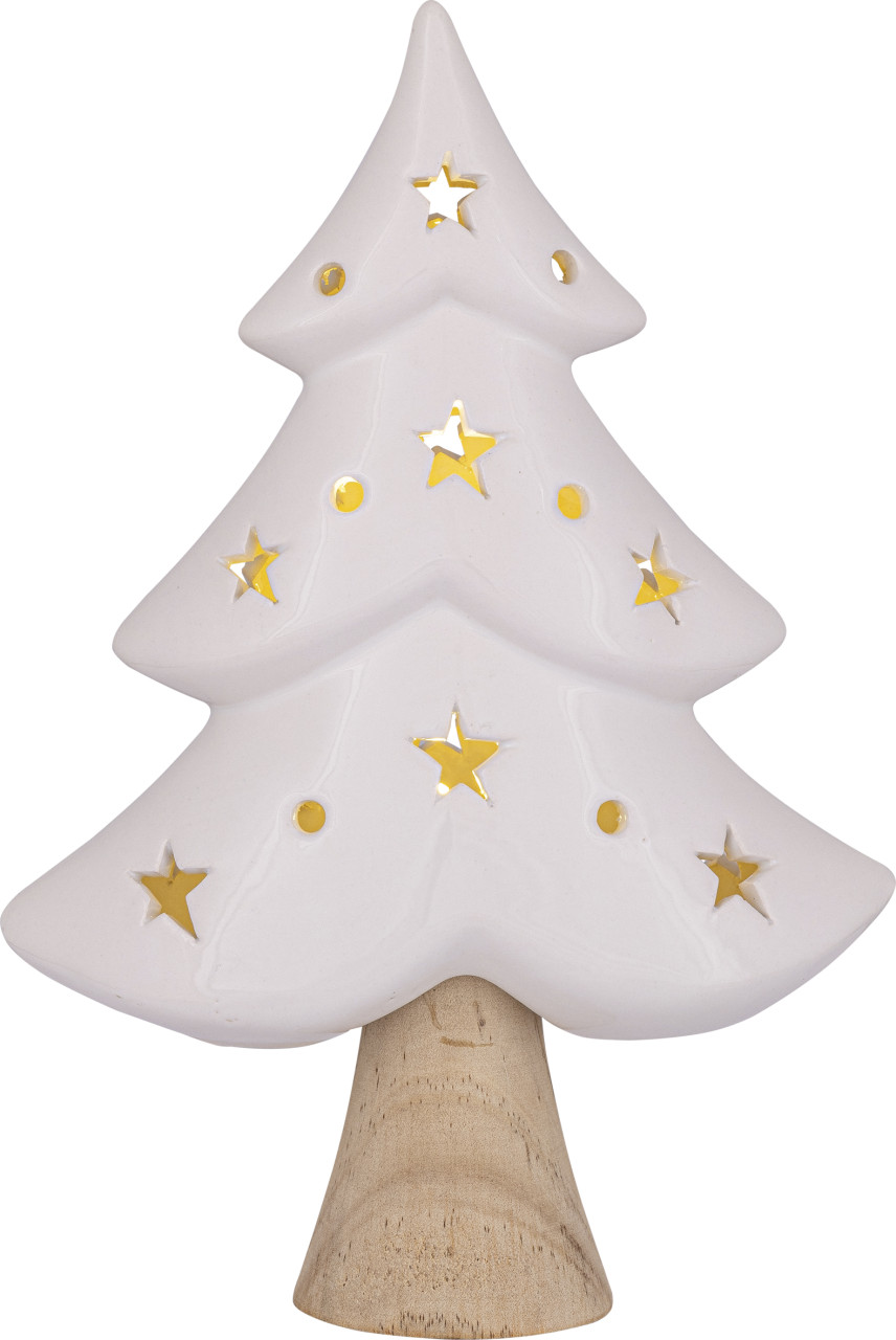 HGD LED-Keramikbaum mit Holzstamm 14,5 x 21 cm warmweiß natur/weiß