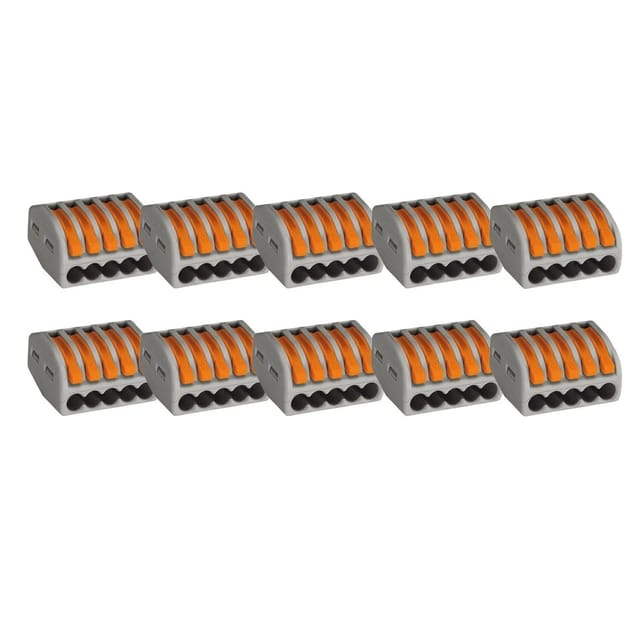 Vasalat - wago 222 Klemmen 5 polig, 0,08 bis 4mm² Kabelklemmen mit Hebel, Kunststoff grau-orange, 10-Stück