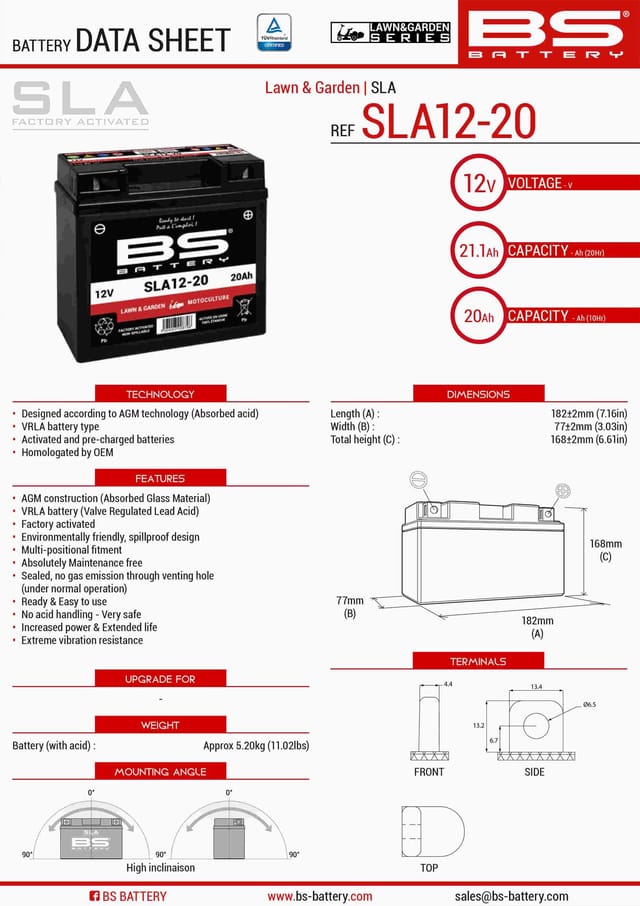 SLA-Batterie BS Battery für Auto SLA12-20 / 12 V 21,1 Ah, neu