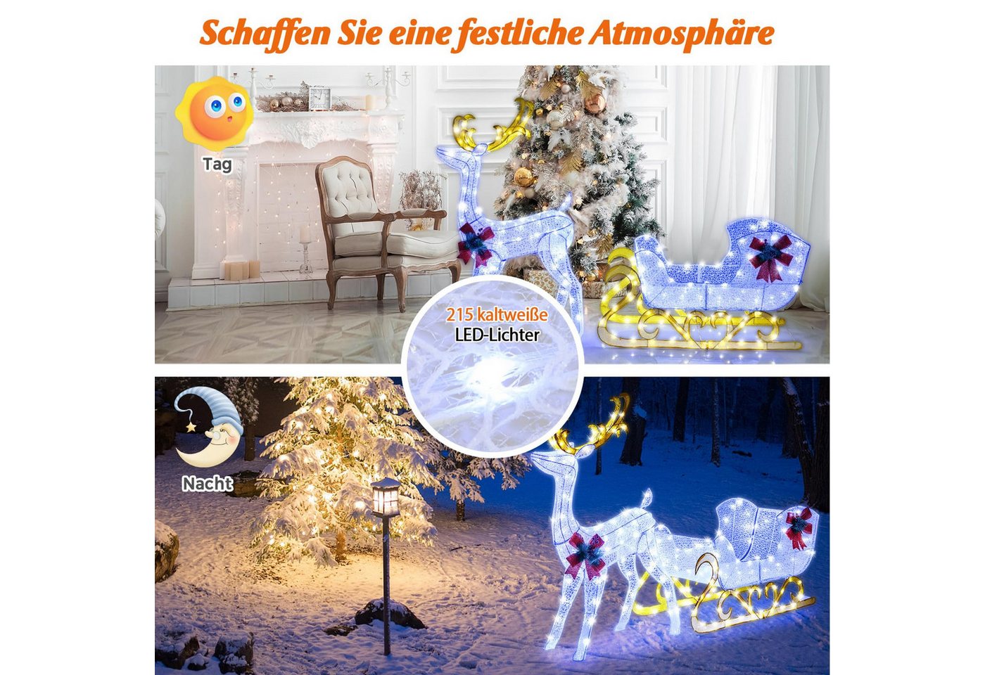 Costway Led-Rentier mit Schlitten mit 100 Kaltweißen Lichtern