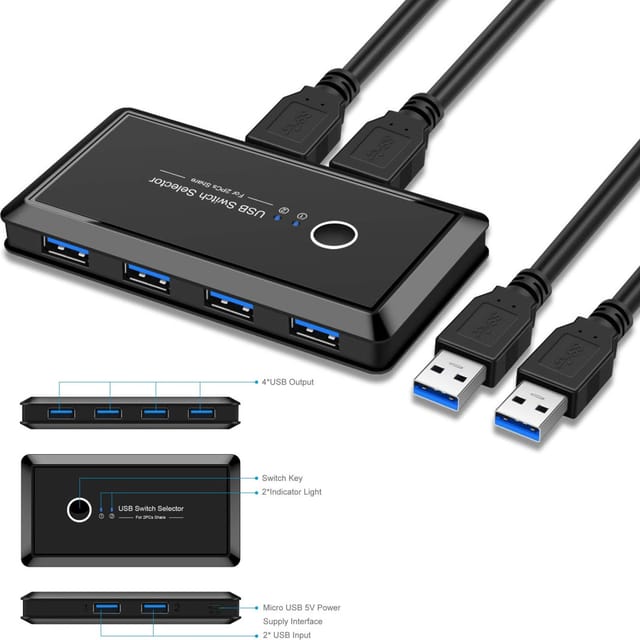 Trade Shop Traesio - Trade Shop - Switchbox usb 2.0 Hub 2 Eingänge 4 Ausgänge zum Teilen von 2 PC-Computern Q-U100 -