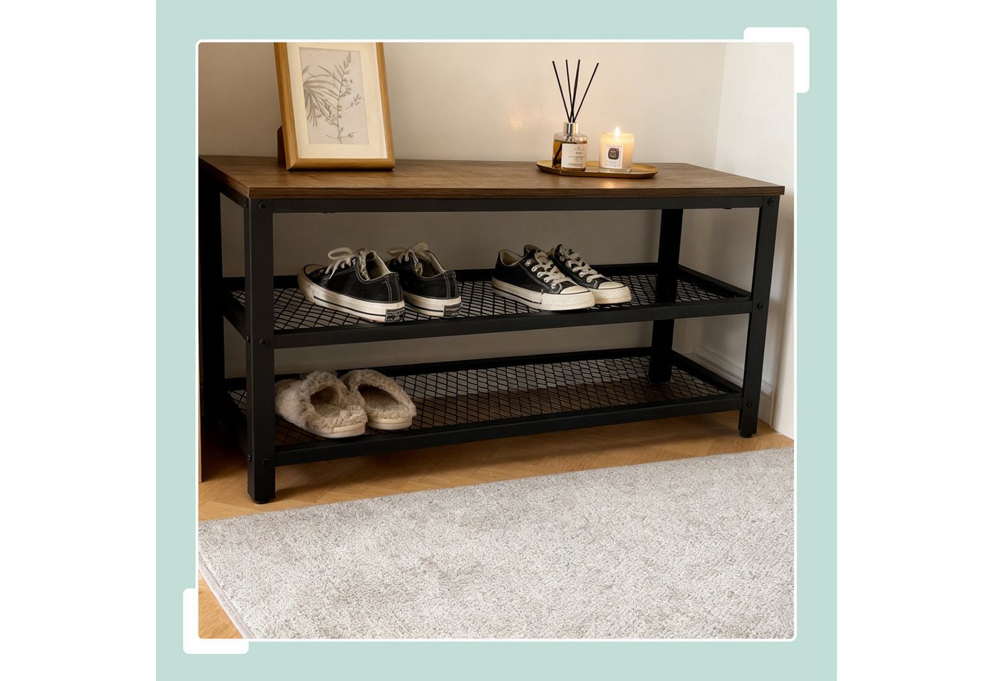 Relaxdays Schuhbank Stahl Schwarz Braun mit 2 Schuhablagen 45 cm x 73 cm x 30 cm Bild 2