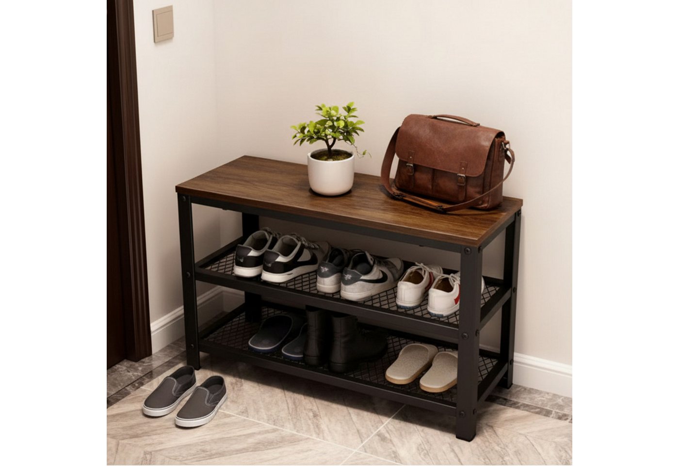 Relaxdays Schuhbank Stahl Schwarz Braun mit 2 Schuhablagen 45 cm x 73 cm x 30 cm Bild 5