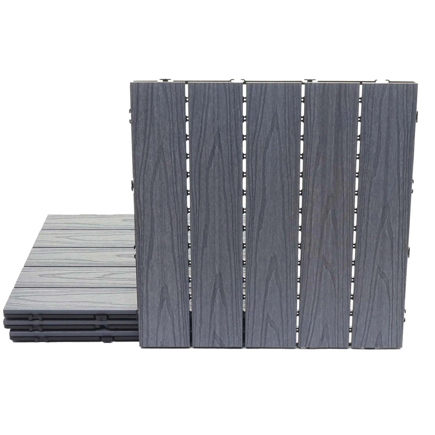 BERLINLODGE WPC Bodenfliese 4x Je BxT 50x50cm Holzoptik Balkon Terrasse 3D-Struktur Linear Grau