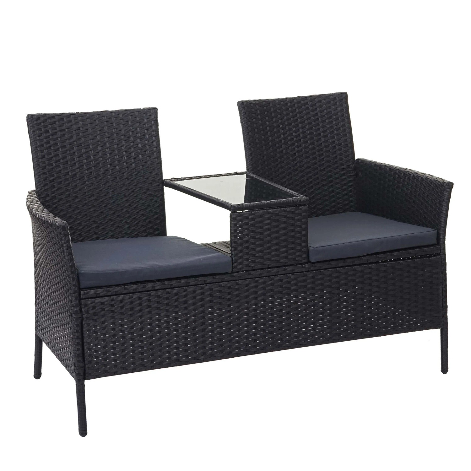 PROREGAL Poly-Rattan Sitzbank Mit Tisch Gartenbank Sitzgruppe Gartensofa 132cm Schwarz Kissen Dunkelgrau