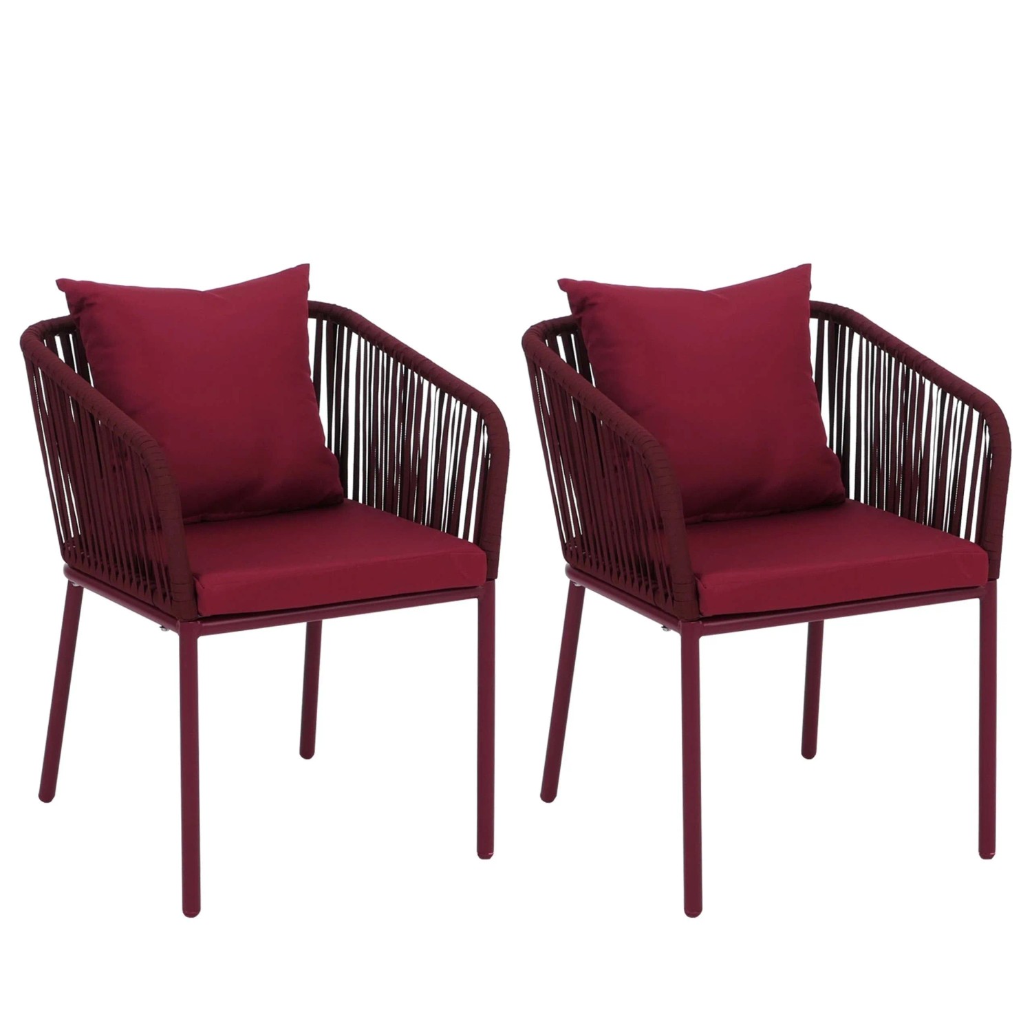 PROREGAL 2er-Set Gartenstuhl HxBxT 75x55x55cm Sitzhöhe 48cm Wetterfest Aluminium Seilgeflecht Rope Bordeaux Outdoor Armlehne