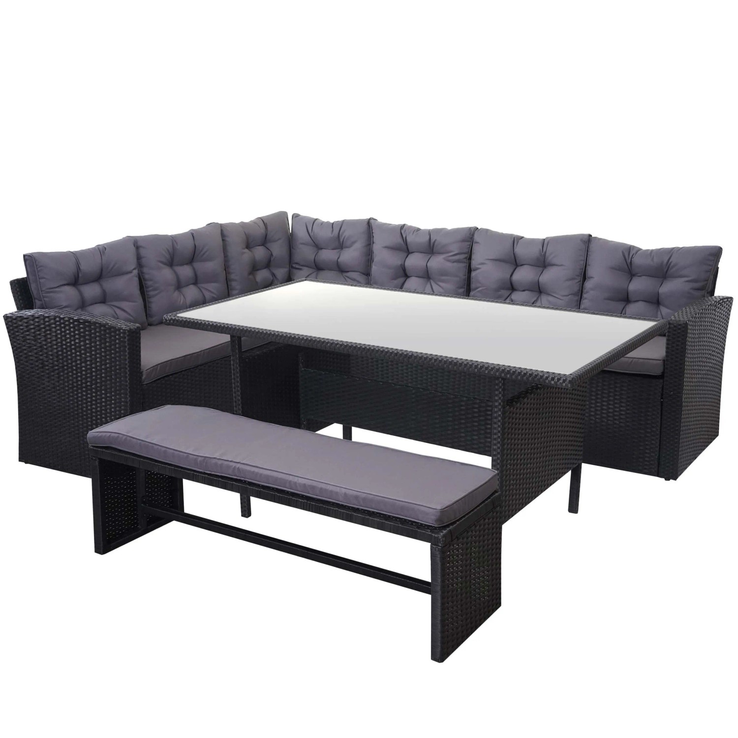 PROREGAL Poly-Rattan-Garnitur Gartengarnitur Sitzgruppe Lounge-Esstisch-Set Schwarz Kissen Dunkelgrau Mit Bank