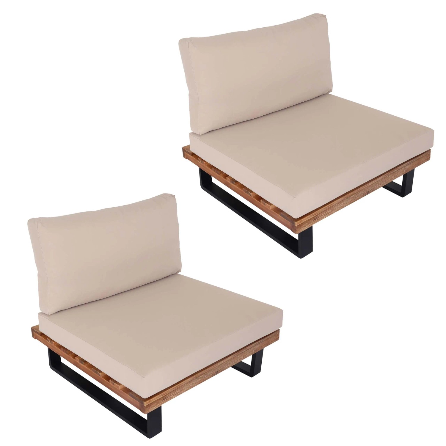 PROREGAL 2er-Set Lounge-Sessel Garten-Sessel Spun Poly Akazie Holz FSC-Zertifiziert Alu Hellbraun Polster Beige