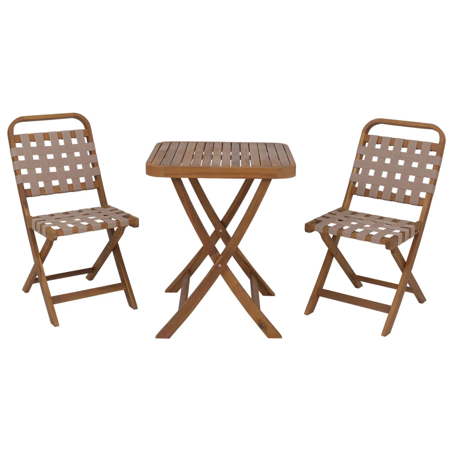 PROREGAL Garten-Set Sitzgruppe Balkon-Set Garnitur 2x Stuhl Tisch Seilgeflecht Akazie Holz Klappbar Natur/Creme