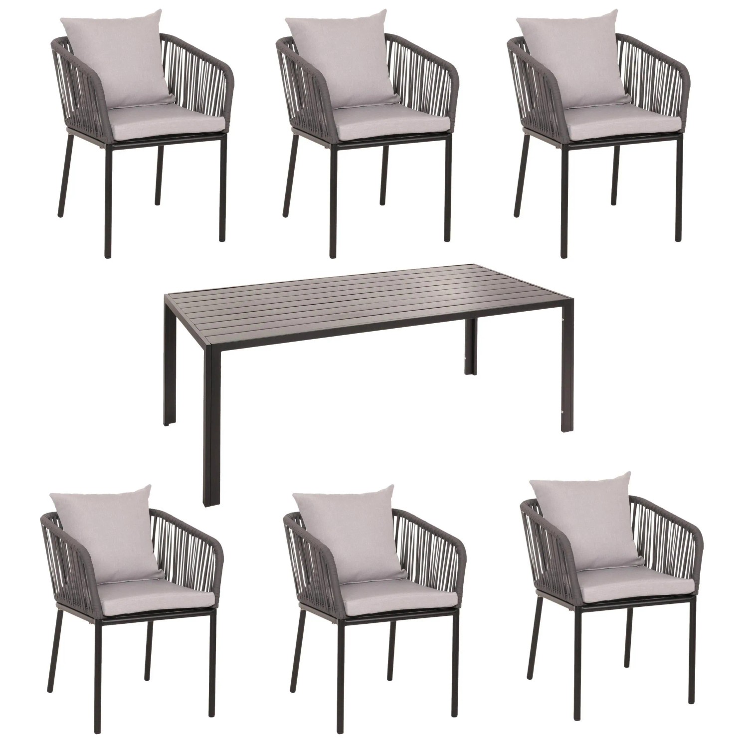 PROREGAL Gartengarnitur Tisch+6xStuhl Wetterfest Alu 180x80cm Seilgeflecht Rope Anthrazit Kissen Grau