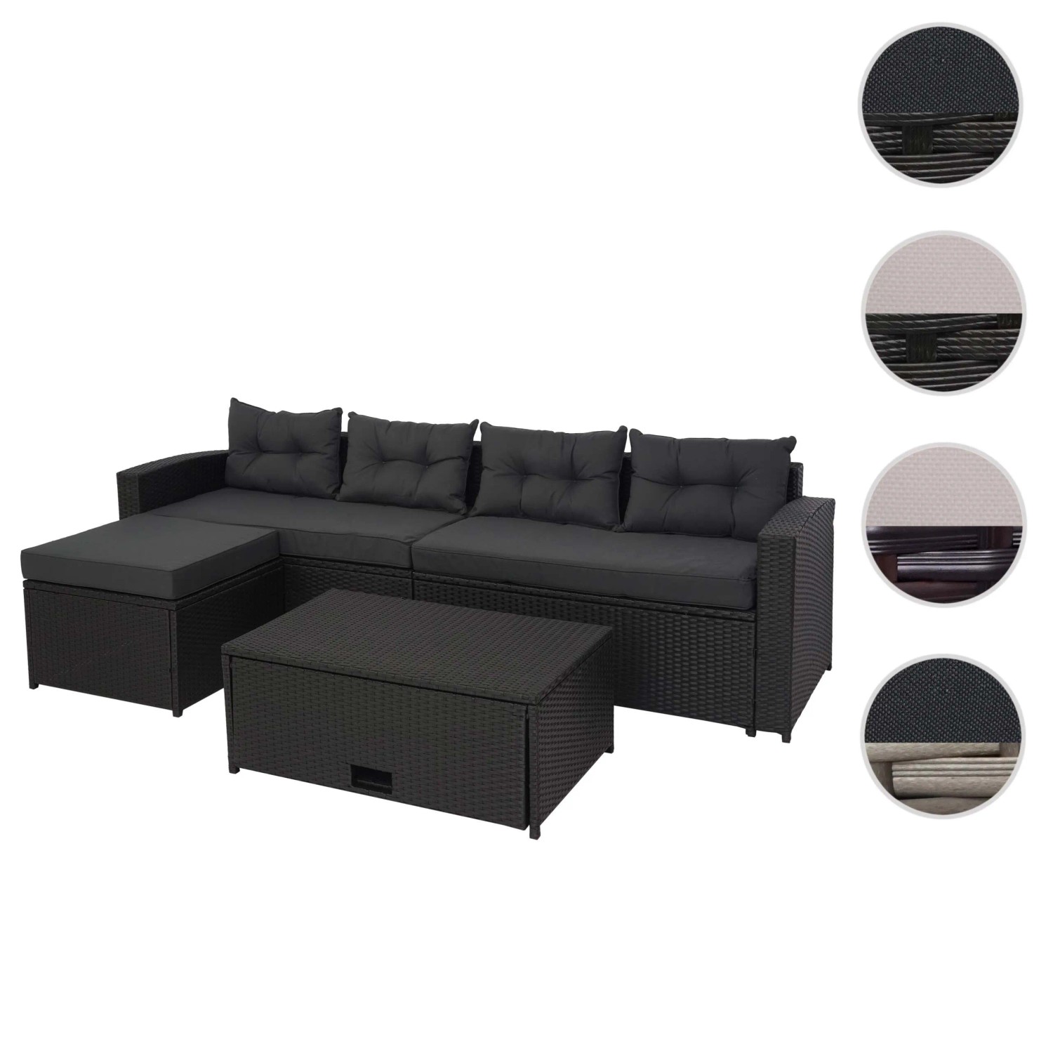 PROREGAL Poly-Rattan-Garnitur Balkon-/Garten-/Lounge-Set Sitzgruppe Sofa Staufach Schwarz Kissen Dunkelgrau