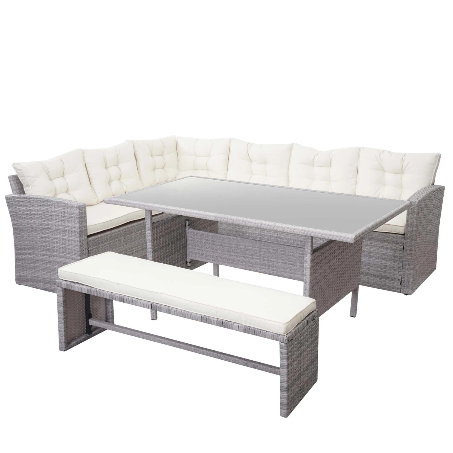 PROREGAL Poly-Rattan-Garnitur Gartengarnitur Sitzgruppe Lounge-Esstisch-Set Sofa Hellgrau Kissen Creme + Bank
