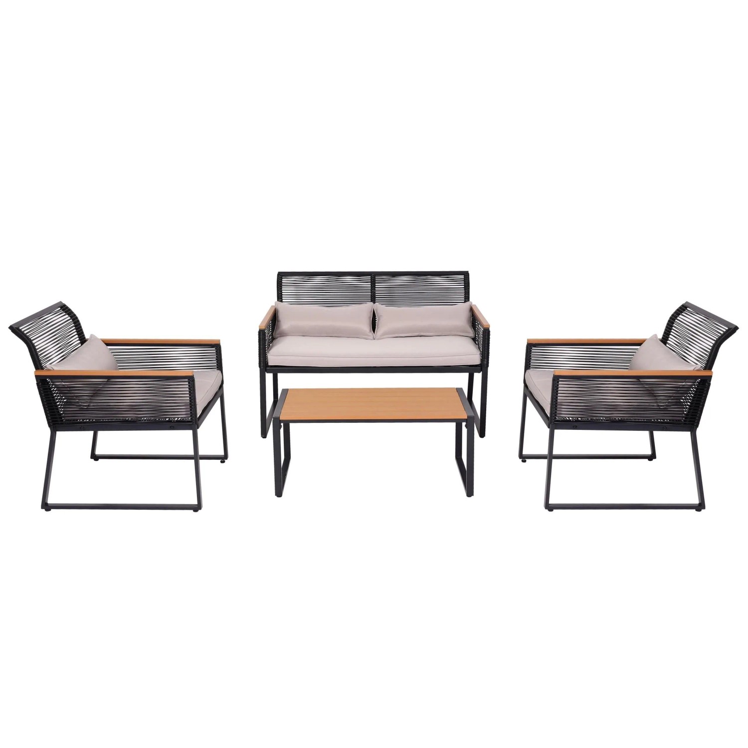 PROREGAL Garten-Garnitur Gartenlounge Lounge-Set Sitzgruppe Sofa Seilgeflecht Rope Holzoptik Stahl Polster Hellgrau