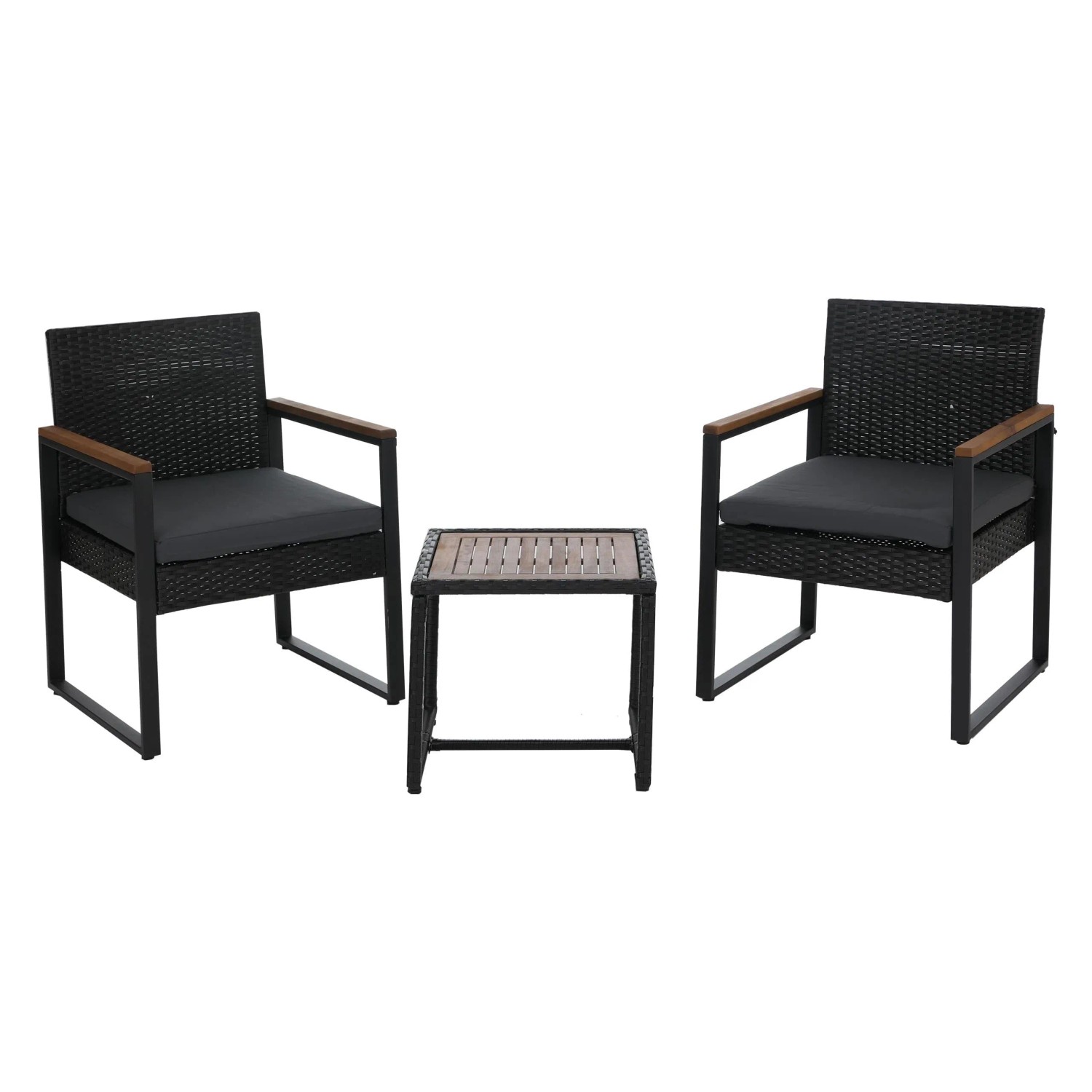 PROREGAL Poly-Rattan Garnitur Lounge-Set Garten 2x Stuhl Tisch Akazie Holz Stoff 180g/m2 Schwarz Polster Grau
