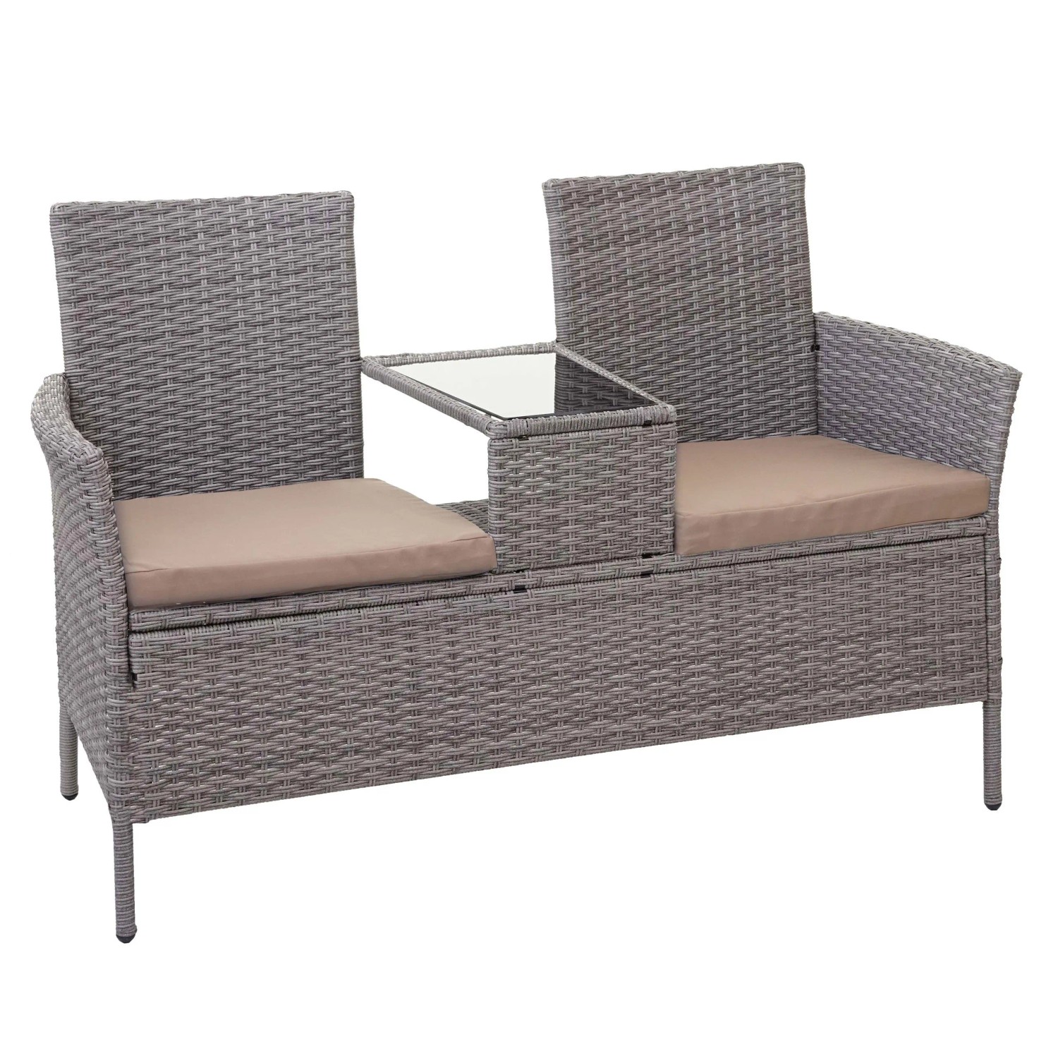 PROREGAL Poly-Rattan Sitzbank Mit Tisch Gartenbank Sitzgruppe Gartensofa 132cm Grau Kissen Creme