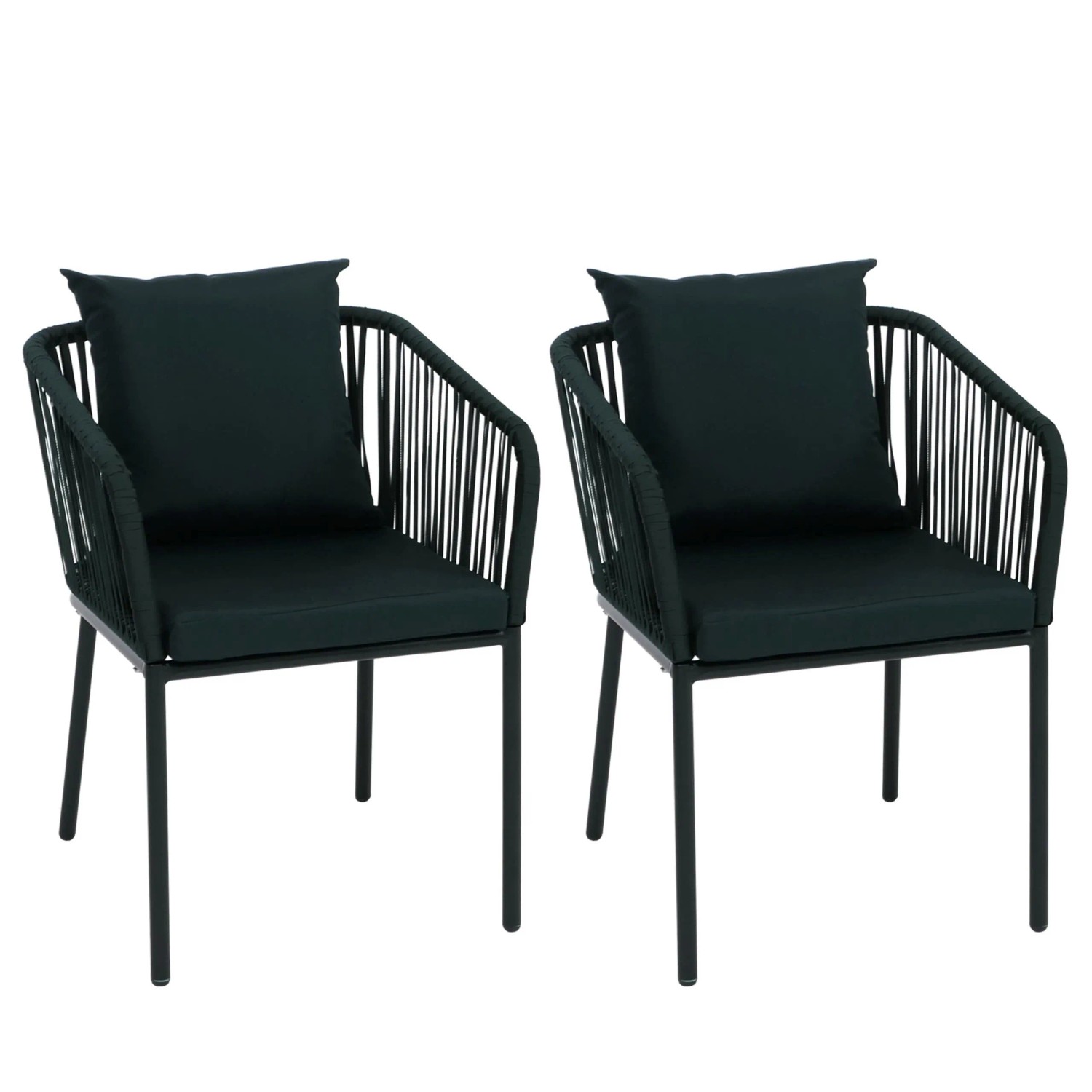 PROREGAL 2er-Set Gartenstuhl HxBxT 75x55x55cm Sitzhöhe 48cm Wetterfest Aluminium Seilgeflecht Rope Dunkelgrün Outdoor Armlehne