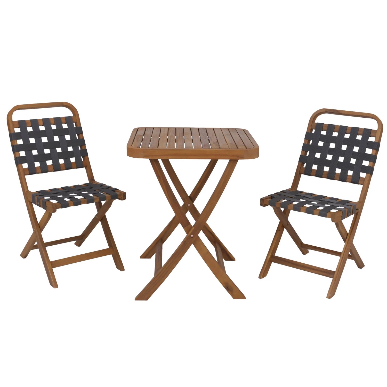 PROREGAL Garten-Set Sitzgruppe Balkon-Set Garnitur 2x Stuhl Tisch Seilgeflecht Akazie Holz Klappbar Natur/Grau