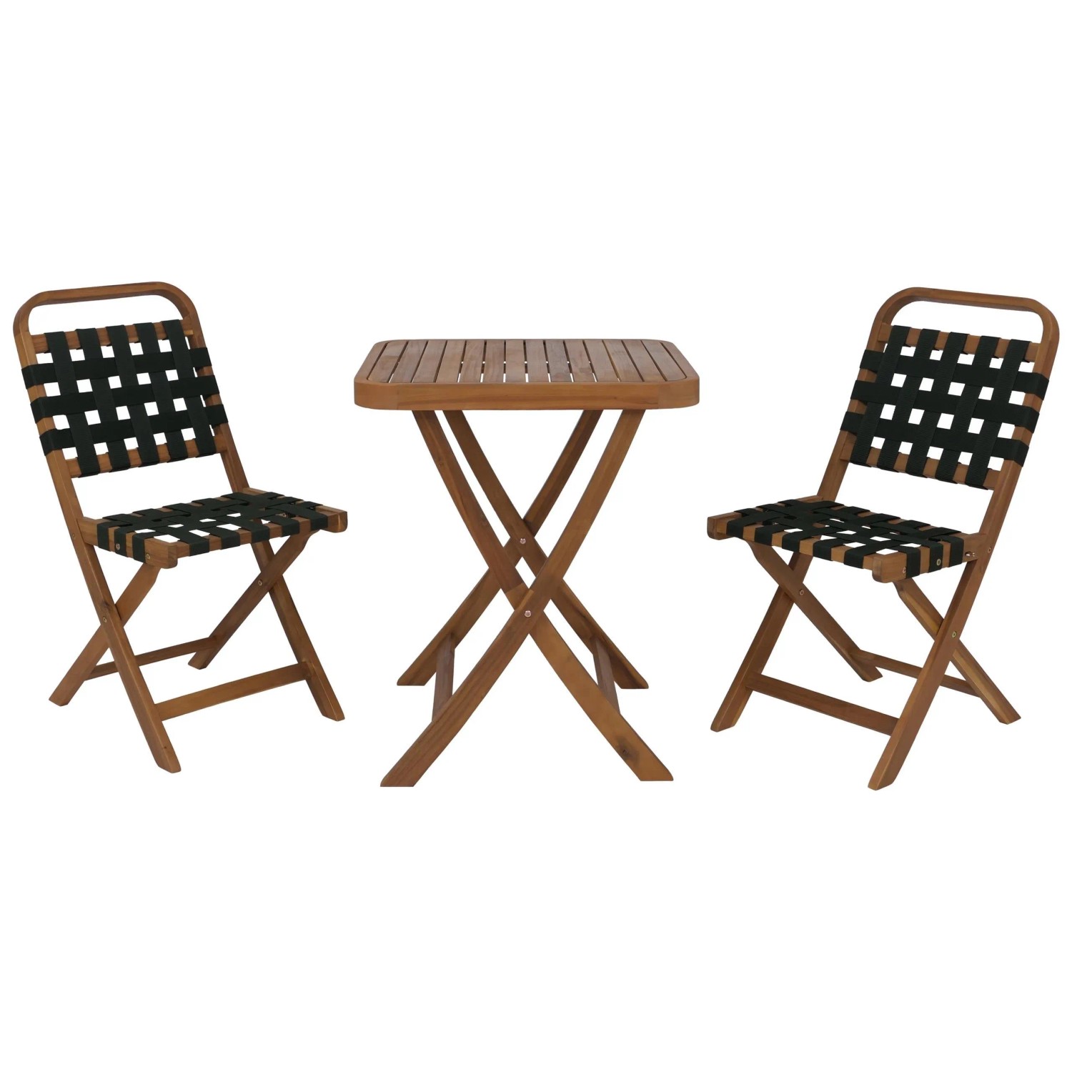 PROREGAL Garten-Set Sitzgruppe Balkon-Set Garnitur 2x Stuhl Tisch Seilgeflecht Akazie Holz Klappbar Natur/Grün