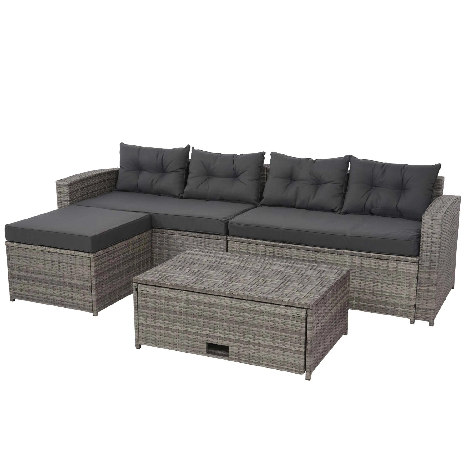 PROREGAL Poly-Rattan-Garnitur Balkon-/Garten-/Lounge-Set Sitzgruppe Sofa Staufach Grau Kissen Dunkelgrau