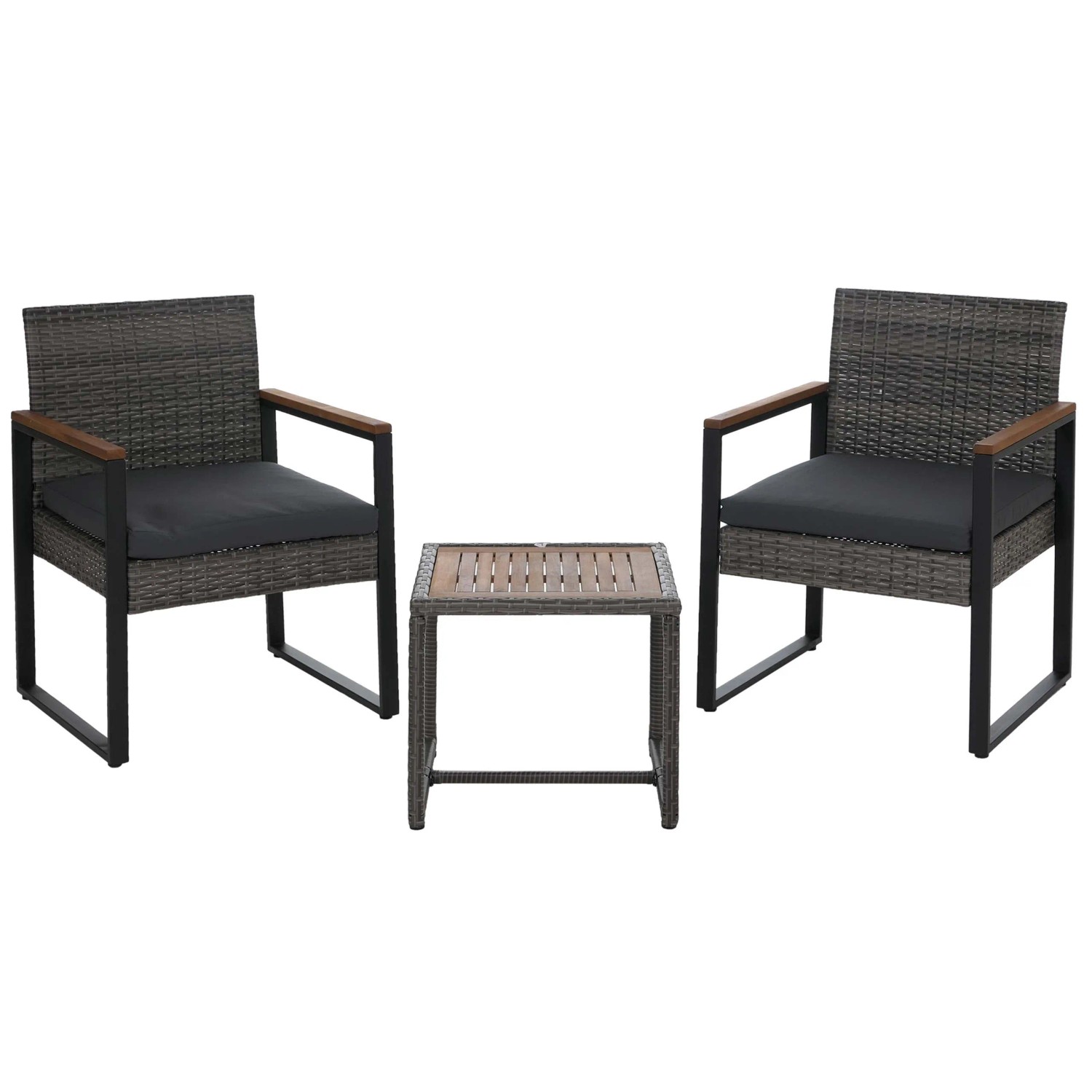 PROREGAL Poly-Rattan Garnitur Lounge-Set Garten 2x Stuhl Tisch Akazie Holz Stoff 180g/m2 Grau Polster Grau